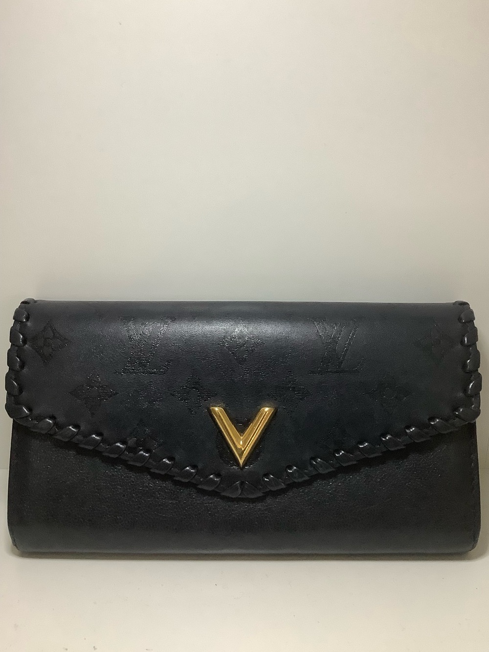 Louis Vuitton Black Leather V-Emblem Envelope Clutch